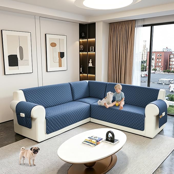 Sectional Couch Covers for Dogs 100% Waterproof Corner L Shaped Sofa Cover Pet Friendly Velvet Washable Anti Slip L Shape Modular Sofa Slipcover Protector with Pockets (Blue, XX-Large) - Image 6