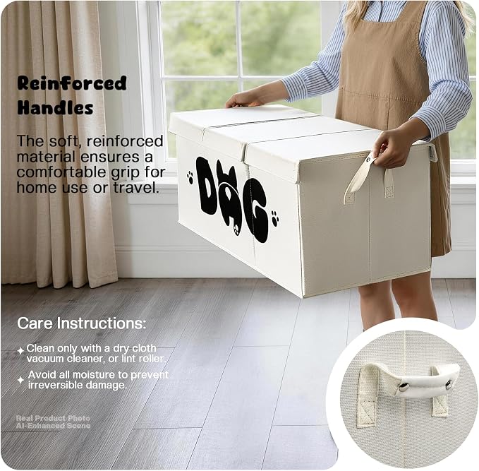 Dog Toy Basket with Lid, 3 Compartments Dog Basket for Toys, Dog Toy Box with 2 Removable Dividers, Collapsible Storage Bins for Dog Toys, Dog Storage Organizer, Beige - Image 6
