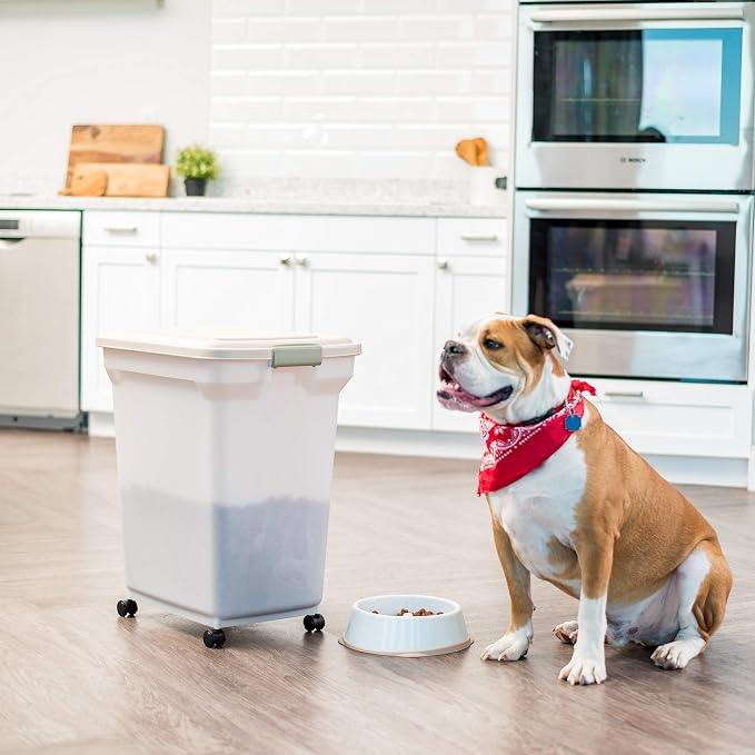 IRIS USA Dog Food Storage Container 58 lbs, Attachable Wheels, for Dog Cat Birds and other Pets, Food Storage Bin, Keep Fresh, Easy Mobility, BPA Free - Made in the USA, Almond/Pearl - Image 5