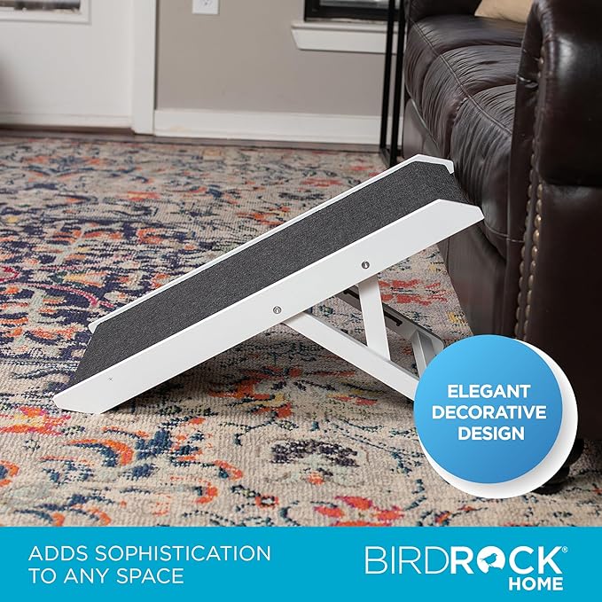 BIRDROCK HOME Adjustable Pet Ramp for Small Dogs, Cats, Puppies - Foldable Wooden Dog Ramp for Couch, Bed, Car - Indoor or Outdoor- Safe, Portable, Non-Slip Carpet - 13", White