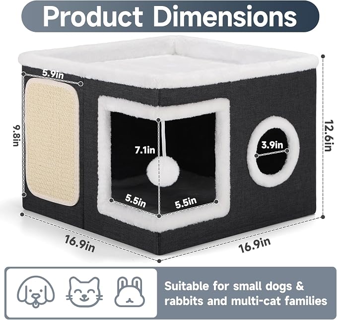 Shikha Cat House Bed for Indoor Cats with Fluffy Ball and Scratch Pad Black | Foldable Large Cat Cave Hideaway with Cozy Condo, Hide and Seek Window, Holds Up to 30LBS, All Season Reversible Cushion - Image 2