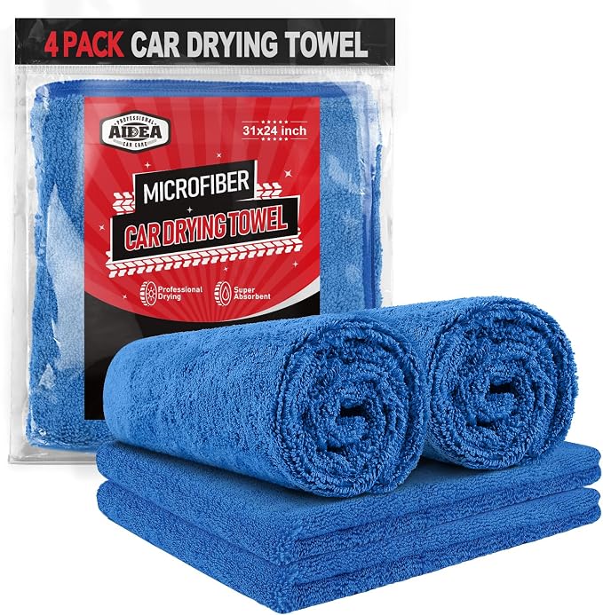 AIDEA Microfiber Towels for Cars-4PK, Large Professional Car Drying Towel, Scratch-Free & Absorbent Drying Towel for Cars, SUVs, RVs, Trucks, and Boats, 24inx 31in, Blue by AIDEAHOME