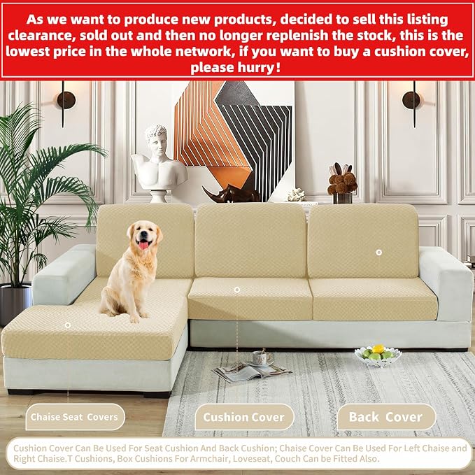 【Clearance】 Sectional Couch Covers for L Shaped Chaise Lounge 1 Piece Separate Cushion Couch Universal Replacement Large Checkered Furniture Protector with Elastic Bottom (Chaise Cover, Light Beige) - Image 2
