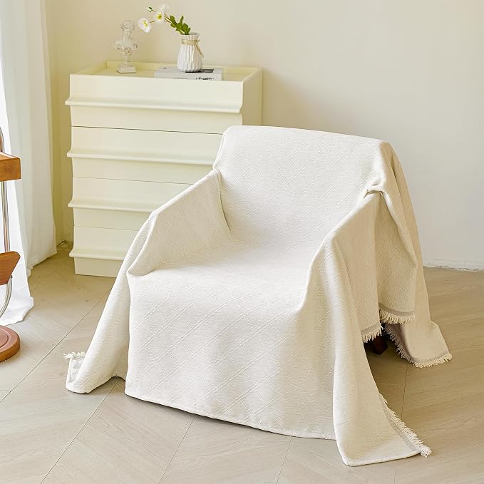 VANJOROY Beige Couch Chair Cover, Armchair for 1 Cushion Couch, Washable Chenille White Sofa Cover Protector Soft Sofa Slipcovers for Pets Dog with Tassel,71"x 91" by CHOOSEVANJOROYENJOYAMORECOMFORTABLEFEELING