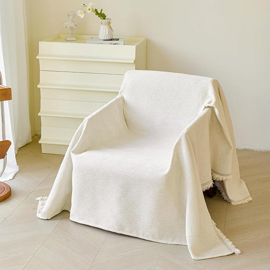 VANJOROY Beige Couch Chair Cover, Armchair for 1 Cushion Couch, Washable Chenille White Sofa Cover Protector Soft Sofa Slipcovers for Pets Dog with Tassel,71"x 91" by CHOOSEVANJOROYENJOYAMORECOMFORTABLEFEELING
