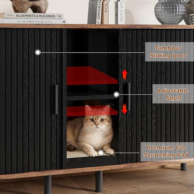 58" Double Cat Litter Box Enclosure, Large Hidden Litter Box Furniture for 2 Cats with Cat Scratch Pad, Wooden Modern Indoor Cat House with Double Room, TV Stand, Side Table, Black - Image 5