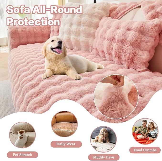 DREAMINGO Faux Fur Couch Seat Cover, Soft Plush Sofa Covers for Pet Washable, Non Slip Furniture Protector for Loveseat 2 Cushion Sofa, 35.4x70.9 Inch, Pink - Image 5