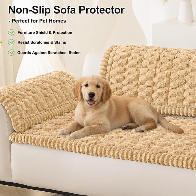 Smiry Non Slip Couch Covers for Dogs, Scratch Resistant Pet Sofa Protector | Machine Washable Soft Fuzzy Thick Furniture Cover for Sofa Loveseat Sectional Large Dogs, Camel, 35.4" x 63" - Image 10