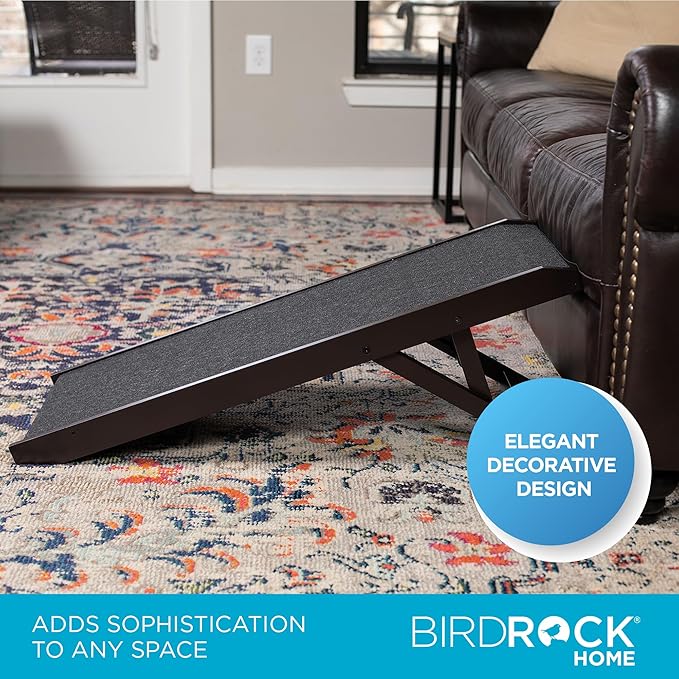 BIRDROCK HOME Adjustable Pet Ramp for Small Dogs, Cats, Puppies - Foldable Wooden Dog Ramp for Couch, Bed, Car - Indoor or Outdoor- Safe, Portable, Non-Slip Carpet - 16", Espresso