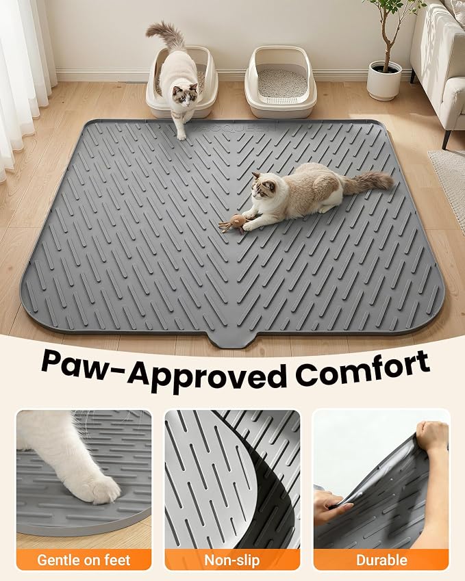Cat Litter Box Mat, 47" x 37" Extra Large Cat Litter Mat, Silicone Waterproof Litter Trapping Mat for Scatter Control Soft on Kitty Paws Non-Slip Easy to Clean (Gray) - Image 7