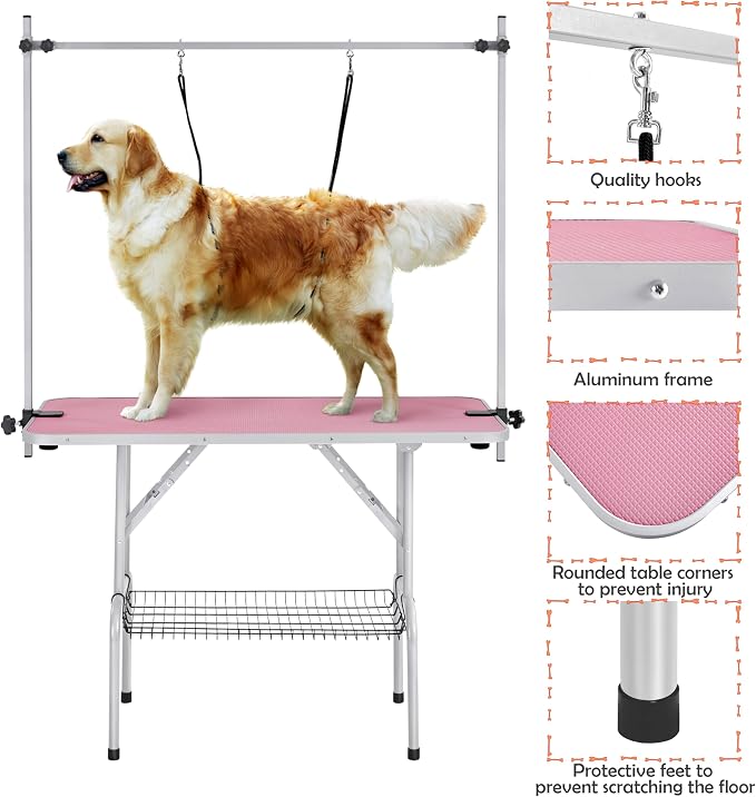 Yaheetech 46'' Pet Grooming Table for Large Dogs Adjustable Height - Portable Trimming Table Drying Table w/Arm/Noose/Mesh Tray Maximum Capacity Up to 265Lb -Pink - Image 5