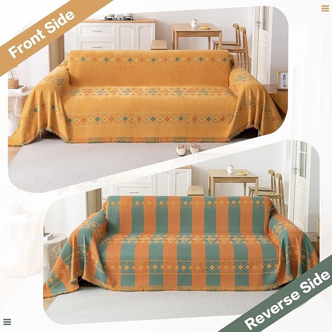 DREAMINGO Orange Boho Sofa Cover Chenille Couch Cover Blanket Vintage Bohemian Sofa Covers for 2 Cushion Couch Geometric Jacquard Sectional Couch Covers for Dogs Washable Loveseat Slipcover 71"x118" - Image 7