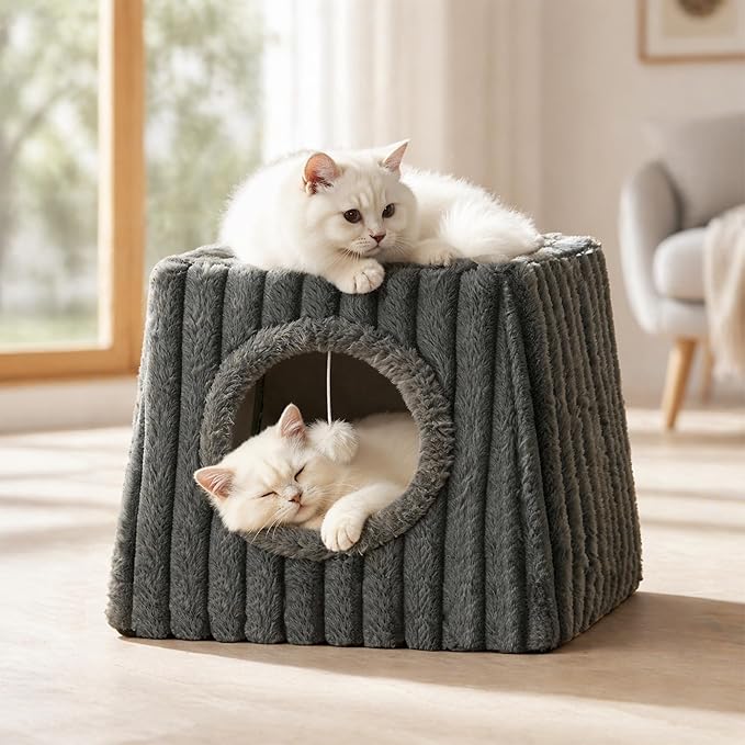 Indoor Cat House - Large Cat Cave Bed with Fluffy Balls, Foldable Cat Bed Cave and Apartment with Pads, Suitable for Multiple Small and Large Cats, 15.74x13.7x13.7inches(Deep Grey, Large) by Unknown