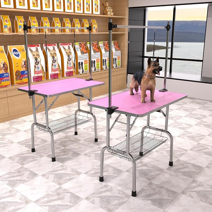42" Dog Grooming Table Foldable Pet Grooming Tables with Adjustable Arm Noose Storage Mesh Tray Maximum Capacity Up to 330lbs Pink - Image 3