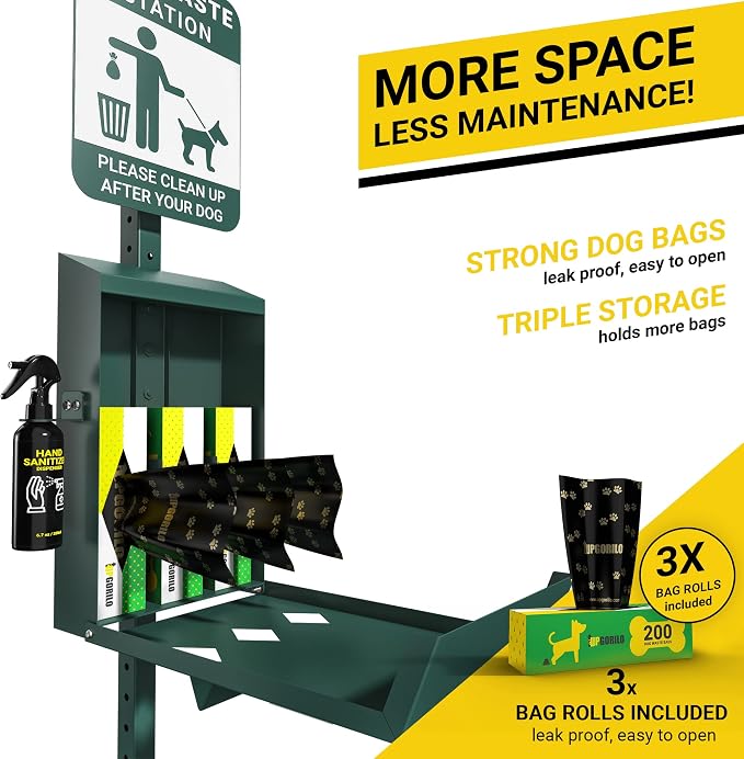 Mini Pet Waste Station - Includes 600 Dog Poop Bags - Original Glow in the Dark Dog Waste Station and Dog Poop Sign, Triple Storage Dog Poop Bag Dispenser with Hand Sanitizer Bottle - Image 4