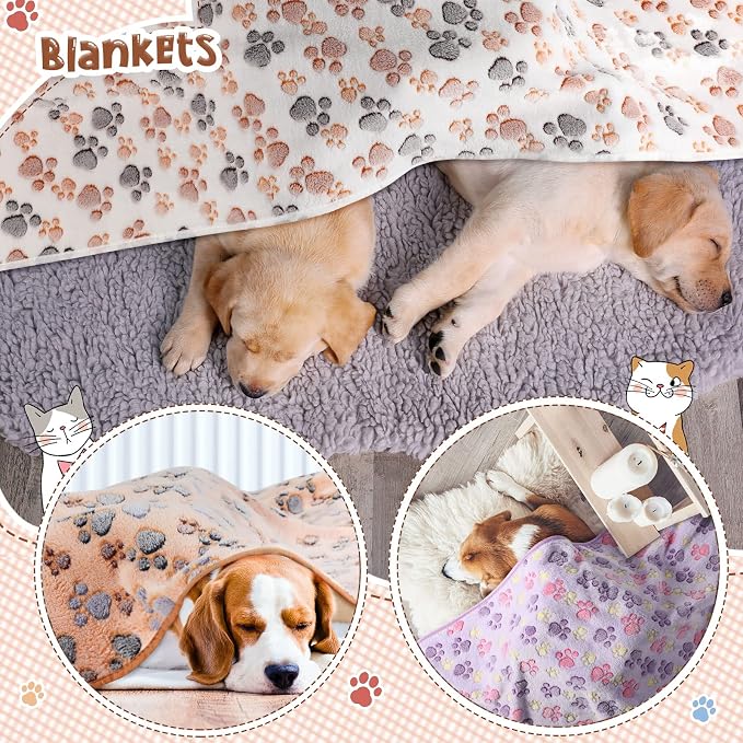 Tatuo 4 Pack Fleece Dog Blankets for Puppy Cats Multi-Size Sleep Mat for Pet Guinea Pig Soft Washable Warm Crate Bed Puppy Teething Toys Print Pattern Blanket Indoor(Mixed Color,51 x 63 Inch,Paw) - Image 3