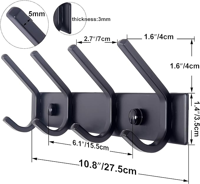 WEBI Coat Rack Wall Mounted,4 Coat Hooks for Hanging Coats,Hook Rack Rail Coat Hanger Wall Coat Rack with Hooks for Clothes,Black,2 Packs - Image 2