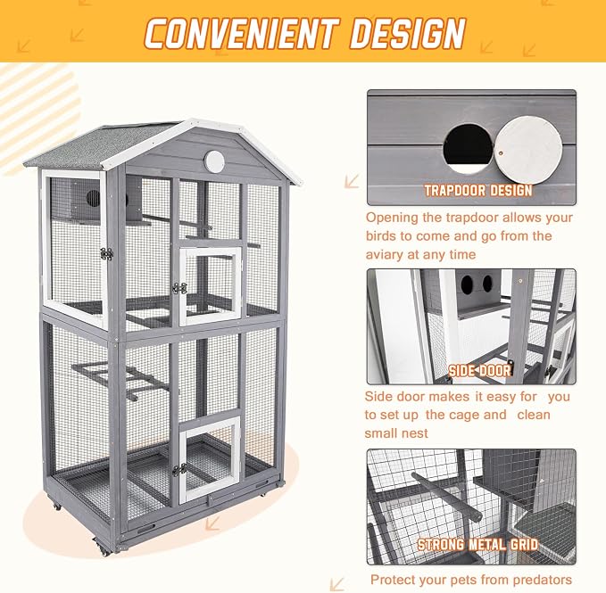 Ketive 65in Outdoor Bird Aviary with Wheels,Wooden Bird Cage Indoor Finches Cage Flight cage Wire Mesh,Easy Clean Tray Perches Nest Feeder - Image 3