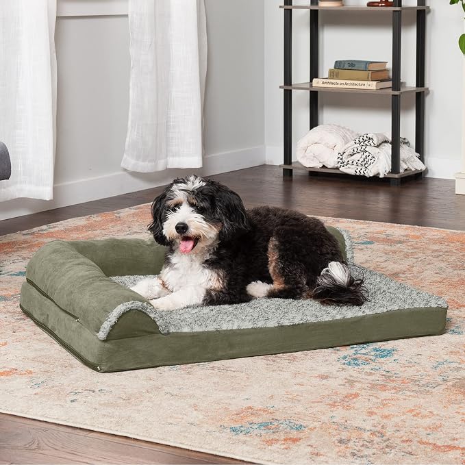 Furhaven Orthopedic Dog Bed for Large/Medium Dogs w/ Removable Bolsters & Washable Cover, For Dogs Up to 55 lbs - Two-Tone Plush Faux Fur & Suede L Shaped Chaise - Dark Sage, Large - Image 3