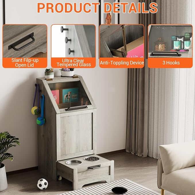 Dog Feeding Station, with Pet Feeding Station,Flip Top Dog Food Storage Cabinet, 2 Elevated Bowls, Includes 3 Hooks for Accessories – Space-Saving Design, Grey - Image 6