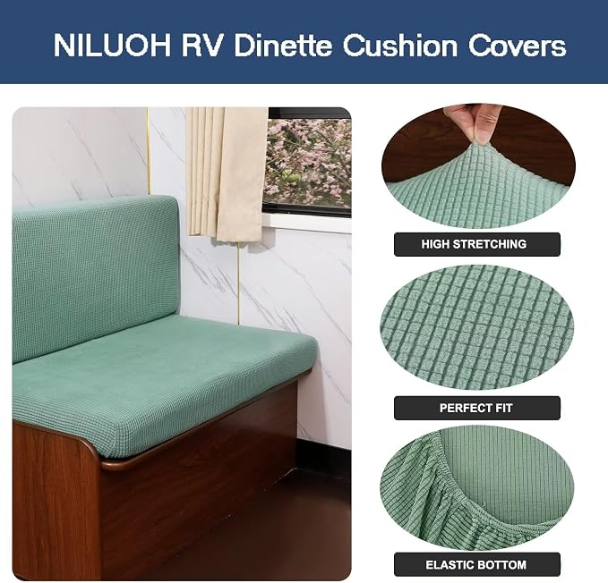 NILUOH RV Dinette Cushion Covers,Jacquard Camper Cushion Slipcovers Replacement Sofa Cushions Washable Loveseat Slipcovers for Travel Trailer Couch (2 Bench Cover & 2 Backrest Cover, Army Green) - Image 2