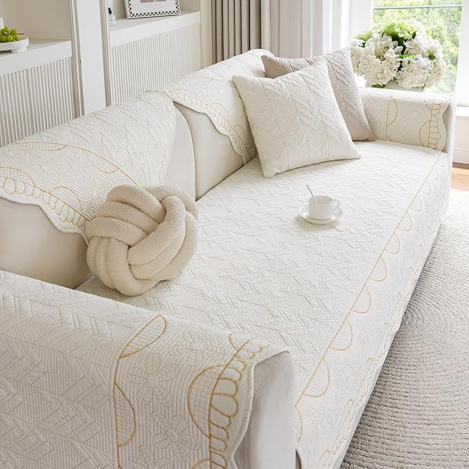 Cotton Quilted Pet Couch Covers for Sofa Farmhouse Rustic Floral Embroidery Sectional Couch Cover Soft Anti-Slip Sofa Slipcover Furniture Protector for Kids, Dogs, Pets (Cream,28"x28") - Image 5