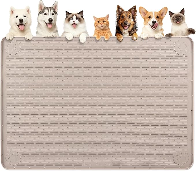 Dog Food Mat 70''x45'' Extra Large Dog Mat for Food and Water, Khaki | Silicone Dog Bowl Mat with Raised Edge, Waterproof Non-Slip Pet Feeding Mat for Floors, fit for Dog Cat Bowls by Bartuke