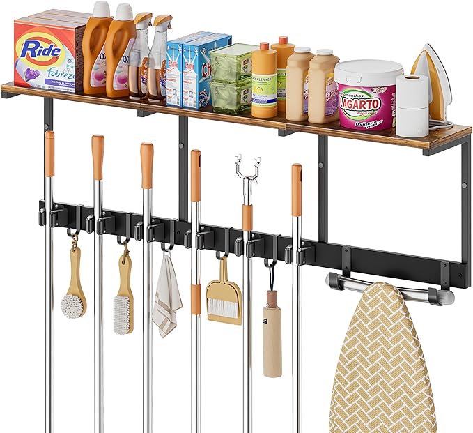 Broom Holder Wall Mount with Cleaning Supplies Organizer, Laundry Room Organization and Storage Shelves with Ironing Board Holder, Mop Hanger Broom Rack with Hooks, Home Improvement Garage Organizer by Olakee