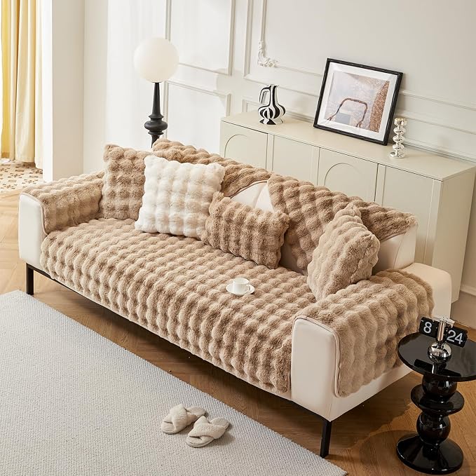 DREAMINGO Faux Fur Couch Seat Cover, Soft Plush Sofa Covers for Pet Washable, Non Slip Furniture Protector for Loveseat 2 Cushion Sofa, 35.4x70.9 Inch, Coffee - Image 7