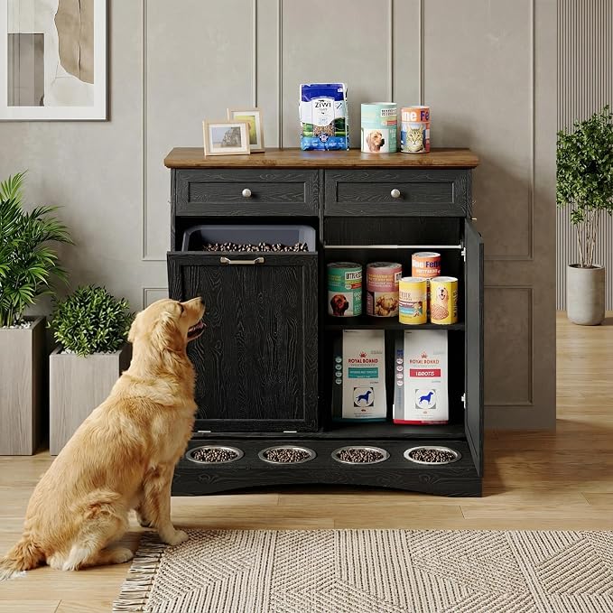 39.7’’W Dog Feeding Station, Tilt-Out Dog Food Cabinet for Multi-Pets, Pet Feeder Station with 4 Feeding Bowls, Dog & Cat Storage Organizer with Hanging Rod, (Black, Dual Doors) - Image 6