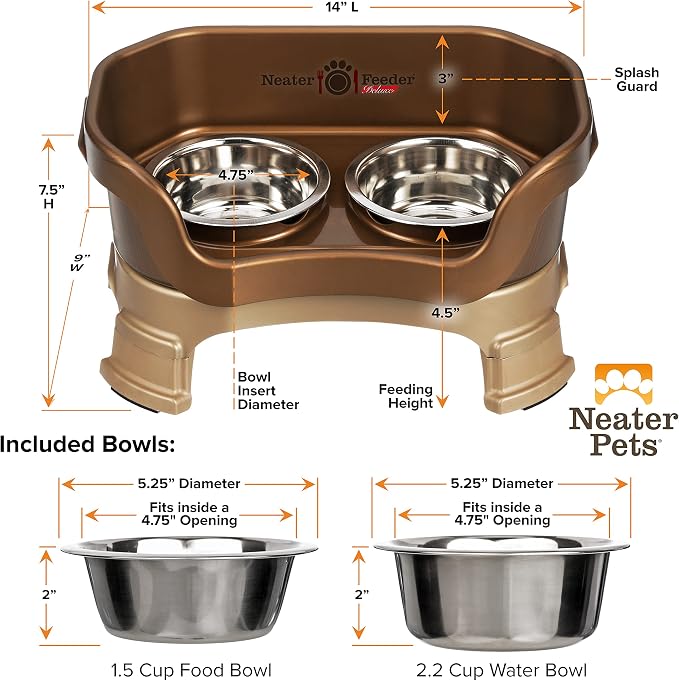 Neater Feeder Deluxe Mess-Proof Elevated Dog Bowls for Small Dogs (Up to 19 lbs), 2 Height Adjustable (6” & 7.5”) No-Spill Raised Dog Bowl Stand, Stainless Steel Food Bowl Set, Made in USA, Bronze - Image 9