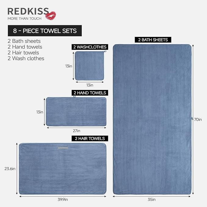 REDKISS Blue Bath Towels Set 8 Piece - Microfiber Bathroom Towels of 8 Large, Highly Absorbent Bath Towel, Soft Shower Towel for Bathroom, Hotel 2 Bath Sheet 2 Hand 2 Washcloths 2 Hair Towel Wrap - Image 3