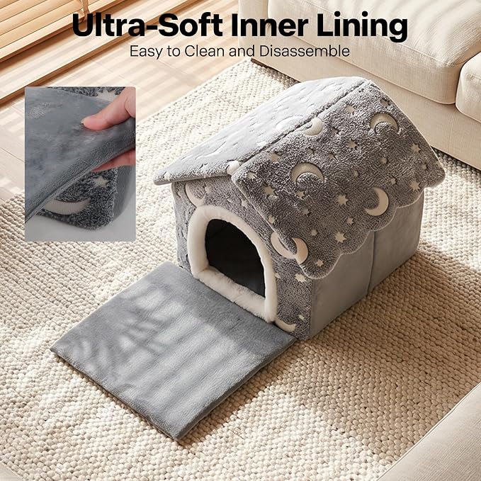 PAWISE Luminous Cat Bed Indoor, Foldable Dog House Tent with Glowing Stars Moon, Soft Warm Puppy Cave Nest for Small Dogs Cats, Washable Pet Hut (15.7"x14.5"x13.5") - Image 3