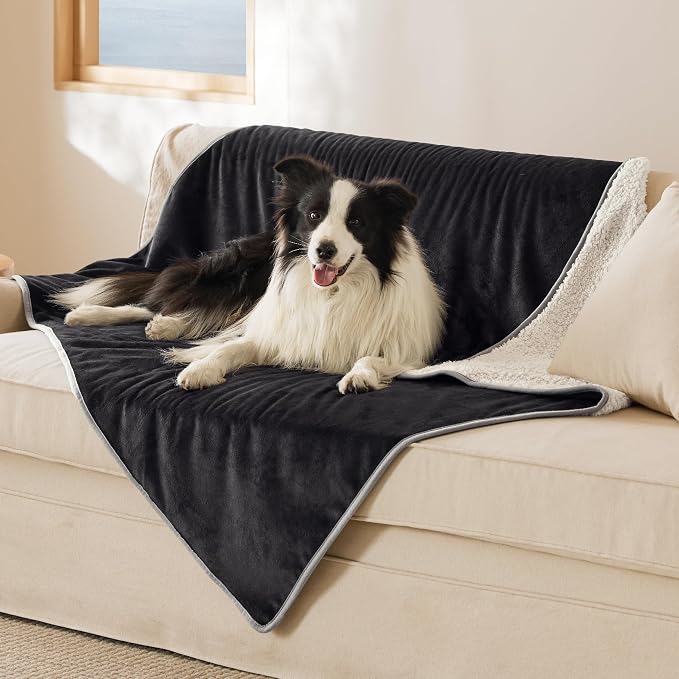 Bedsure Waterproof Dog Blankets for Large Dogs Sherpa Fleece Throw, 50X60 | Washable Soft Plush Pet Cat Blanket for Couch Cover, Reversible Cozy Calming Furniture Protector Warm for Senior Dogs,Black by Unknown