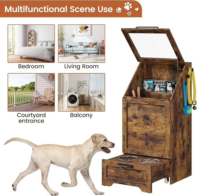 Dog Feeding Station, with Pet Feeding Station,Flip Top Dog Food Storage Cabinet, 2 Elevated Bowls, Includes 3 Hooks for Accessories – Space-Saving Design, Brown - Image 4