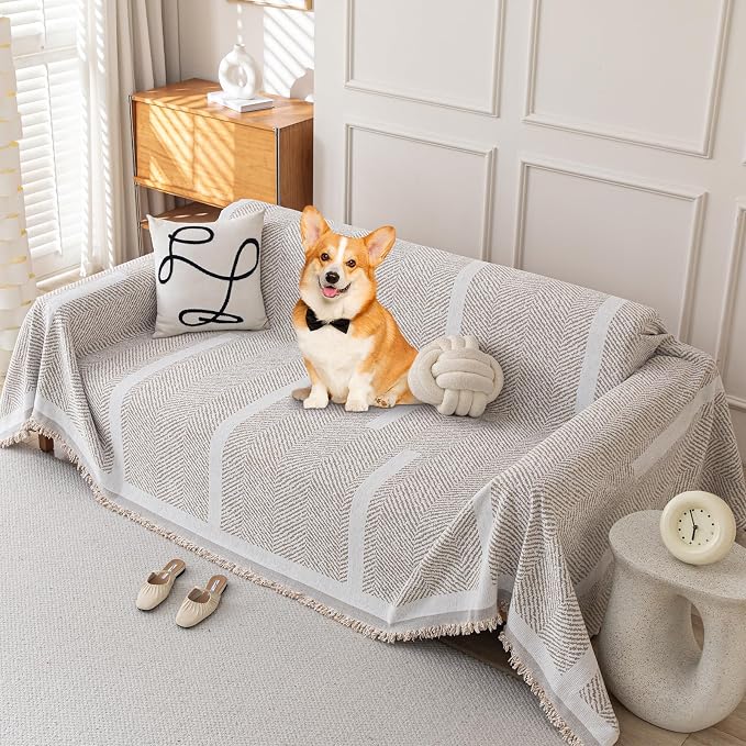 Deep Dream Boho Couch Cover for Dogs, Soft Chenille Couch Covers for 3 Cushion Couch, Thick Sofa Slipcover Sofa Cover WashableCouch Protectors for Pets (Herringbone Light Brown, 71"x118") by DeepDream