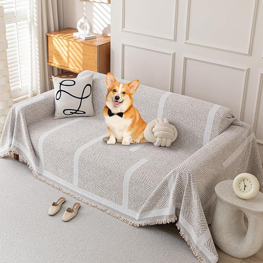 Deep Dream Boho Couch Cover for Dogs, Soft Chenille Couch Covers for 3 Cushion Couch, Thick Sofa Slipcover Sofa Cover WashableCouch Protectors for Pets (Herringbone Light Brown, 71"x118") by DeepDream