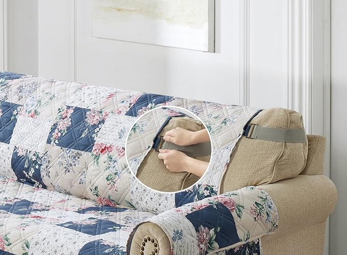 Brilliant Sunshine Vintage Indigo and Pink Roses Couch Cover, 78" seat | Traditional Patchwork Design, Non Slip Sofa Cover, Quilted Furniture Protector, Extra Large Washable Slipcover for Pets - Image 5