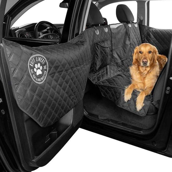 Ruff Liners Dog Hammock for Car, Black – As Seen on Shark Tank – Back Seat Protector for Cars, Mid-Size SUVs, & Mid-Size Trucks – Waterproof, Touch Fasteners, & Belt Slots – Heavy Duty Dog Seat Cover by RuffLiners
