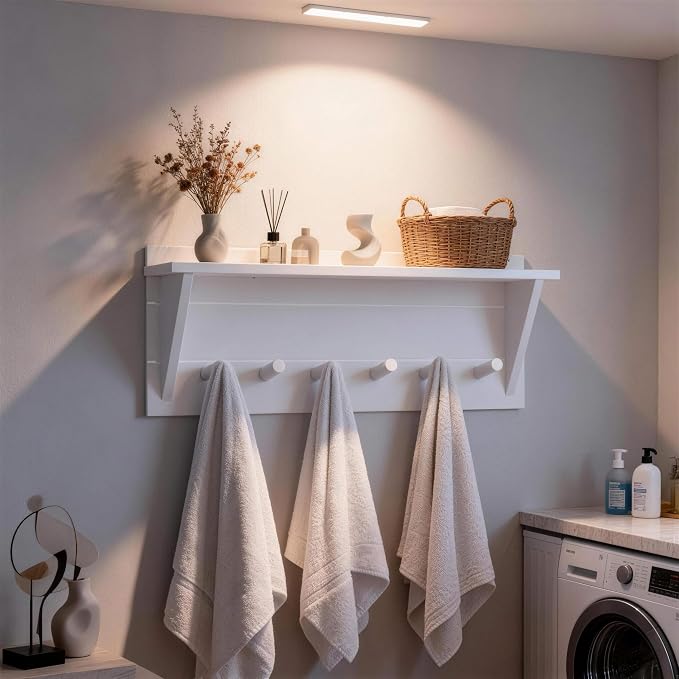 WEBI Coat Rack Wall Mount with Shelf,24" Long Entryway Wall Shelf with Hooks Underneath,6 Peg Hooks for Hanging Coats,Caps,Jacket,Clothes,White - Image 9