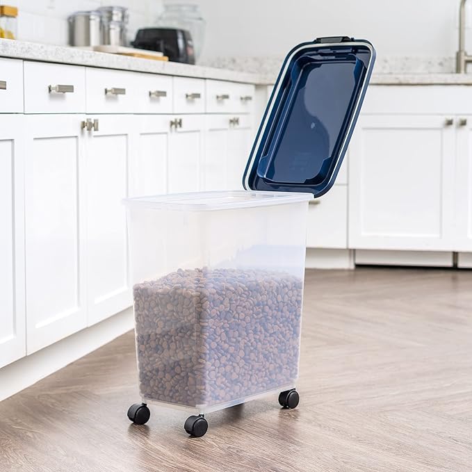 IRIS USA Airtight Dog Food Storage Container, Up to 40 lbs, Attachable Wheels, For Dog Cat Bird and Other Pet Food Storage Bin, Keep Fresh, Translucent Body, Easy Mobility, Navy | Clear Plastic Bin with Snap-Lid Seal and Wheels to Keep Kibble, Pellets,... - Image 6