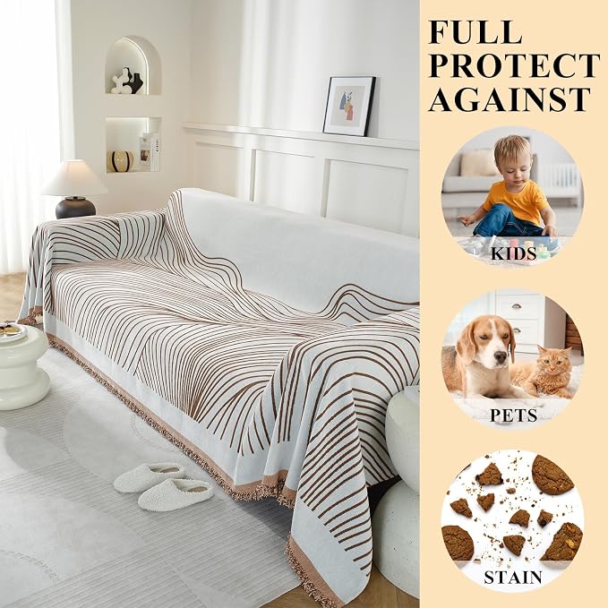 Couch Cover for Sofa, Boho Sofa Cover Washable Couch Cover for Dogs, Pet Sofa Cover for 1-Cushion Couches with Tassel Furniture Protector Cover,71" x 91",Dark Coffee-Wave - Image 4