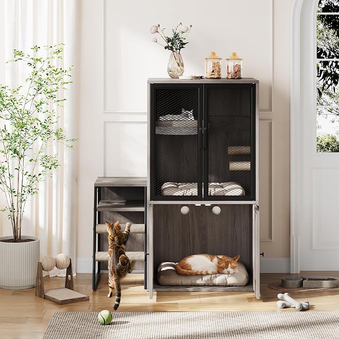 GarveeLife Cat Litter Box Enclosure with Doors, Double Cat House with Storage Space, Enclosed Litter Box Furniture with Ladder, Grey - Image 7