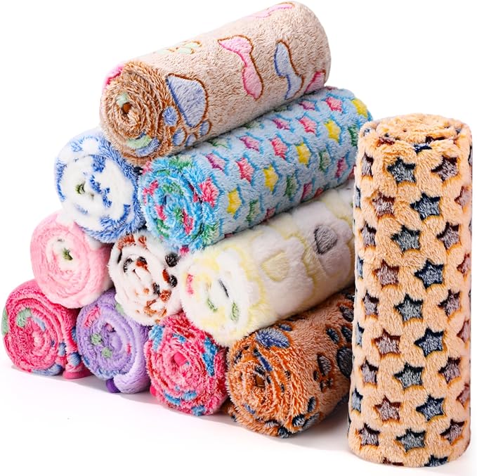 Tatuo 12 Pieces 41 x 30 Inch Dog Blanket Super Soft Warm Cat Sleep Mat Pet Kitten Doggy Fluffy Fleece Blankets with Cute Dog Paw Bone Star Elephant Patterns Printed Fluffy Blanket for Small Cat Puppy by Tatuo