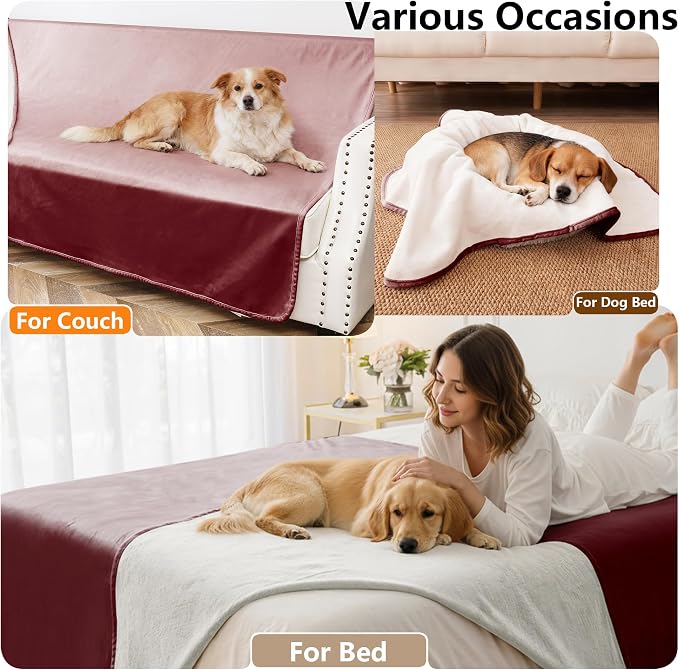 Waterproof Blanket - Reversible Dog Throw as Furniture Protector | Soft Velvet & Flannel, TPU Leak-Proof Liner, Machine Washable, Fits Couch and Bed, 68" x 82", Burgundy/Cream - Image 5