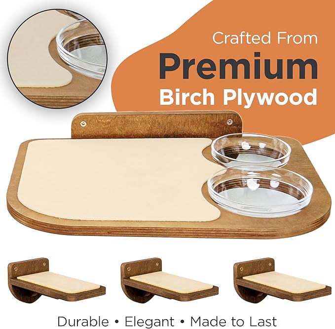 INICIO Cat Shelves - Feeding Shelf with 3 Cat Wall Steps - Natural Wood | Cat Wall Shelves with Wall Mounted Cat Food Bowls - Dog Proof Feeding Station and Convenient Feeder for Cats up to 15lbs - Image 3