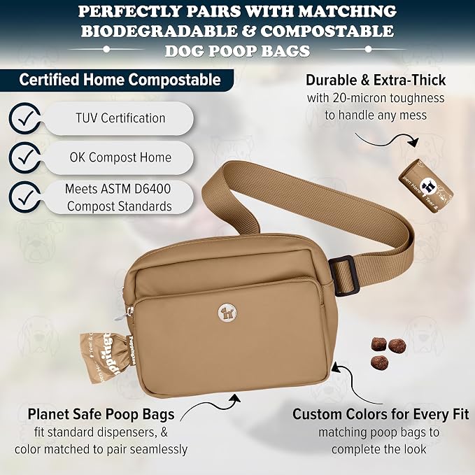 Puppington 3-in-1 Crossbody Dog Walking Bag & Dog Treat Pouch for Pet Training - Matching Compostable Poop Bags, Built-In Poop Bag Dispenser & Slow-Feeding Travel Bowl (Latte Beige) - Image 5
