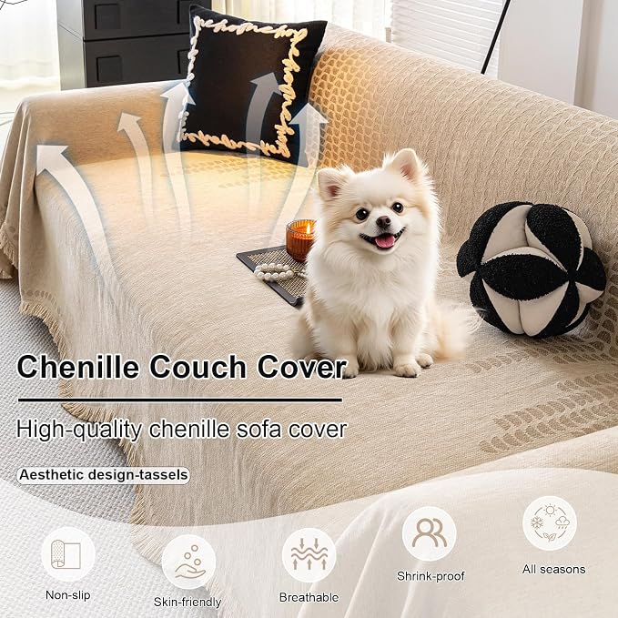 ROOMLIFE Couch Cover Sofa Covers, Chenille Couches Covers for 3 Cushion Sofas, Non Slip Soft Breathable Sofa Slipcovers for Pet, Washable Furniture Protector with Tassel,71''X134” Khaki - Image 2