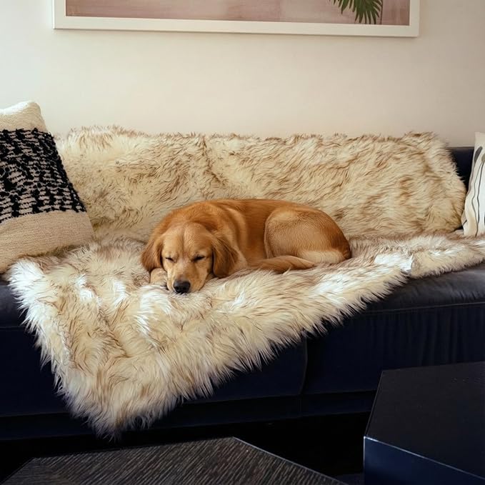 Faux Fur Dog Blanket, Waterproof Couch Cover, White w/ Brown Tips 80"x60" | Plush Sheepskin Style Pet Throw for Sofa, Bed, and Car, Washable Furniture Cover that Protects From Fur and Spills - Image 2