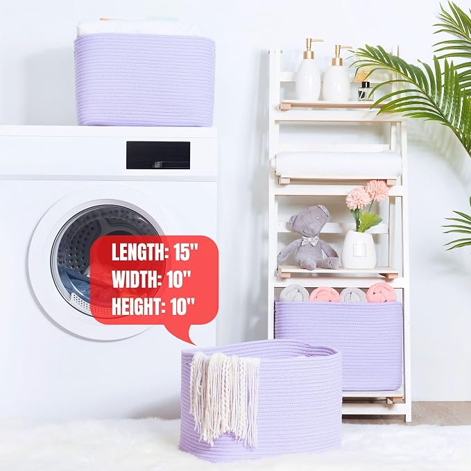 MINTWOOD Design 3-Pack Storage Baskets and Cube Bins for Shelves, Playroom and Classroom, Decorative Woven Closet Organizers for Books, Shoes, and Pantry Items, Lavender Purple - Image 6